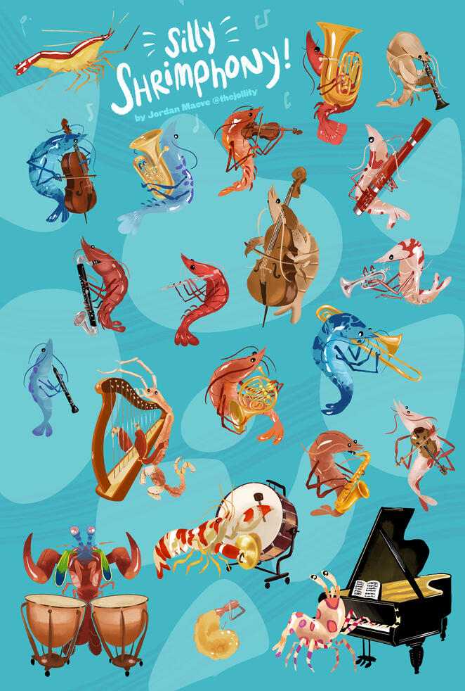 An illustration depicting an assortment of shrimp playing various orchestral instruments