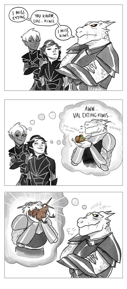 Two half-elves and a dragonborn reminisce about the latter eating kiwis (he means the bird)