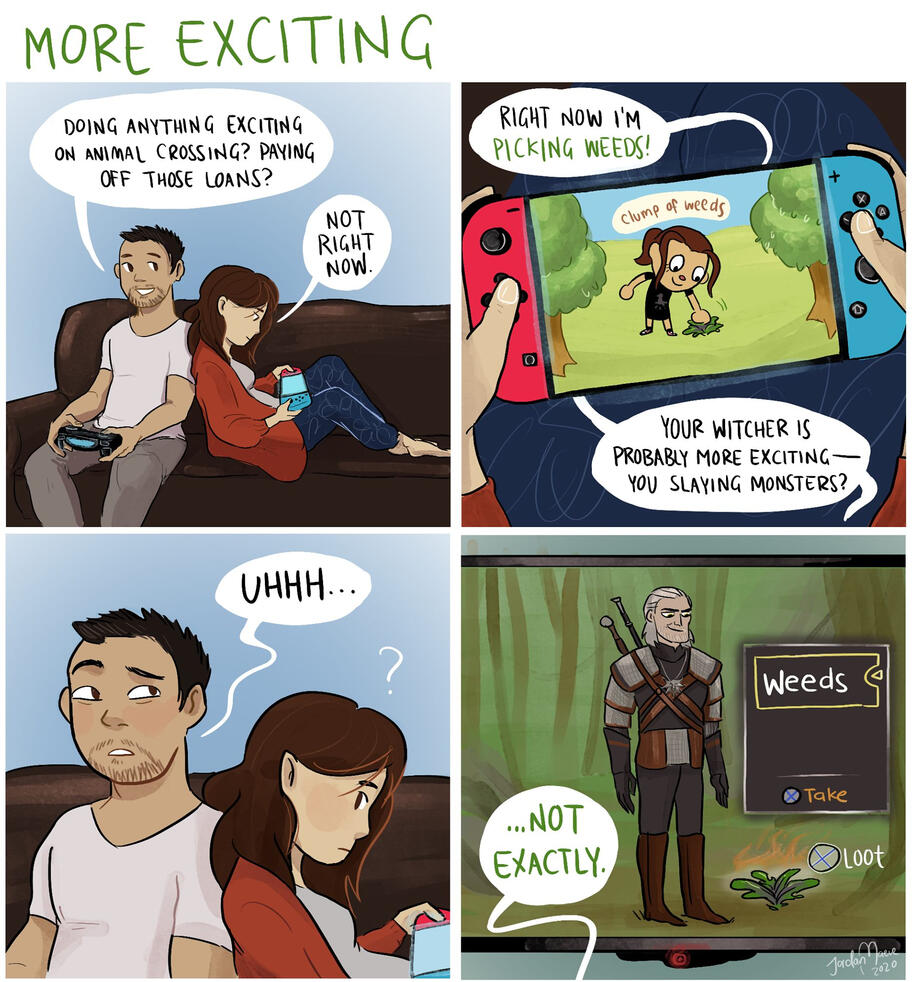 Man and woman couple plays video games together. She's picking weeds on Animal Crossing, he's picking weeds in The Witcher
