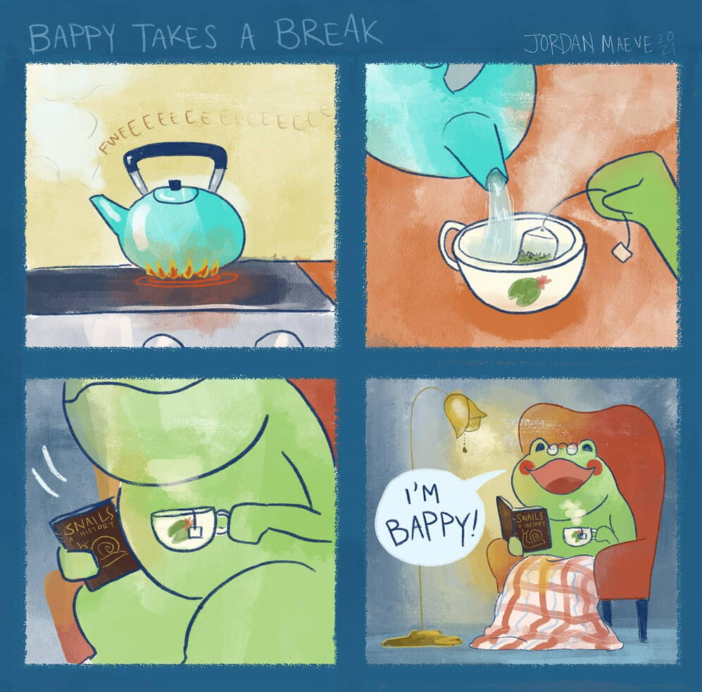 Bappy the frog boils water, steeps tea, and sits on an armchair with a cozy book